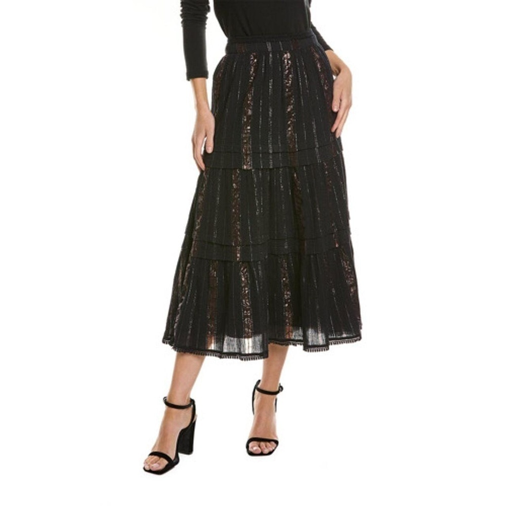 ALLISON NEW YORK Metallic Lurex Midi Skirt Sz L Black Crinkle Tiered Whimsigoth